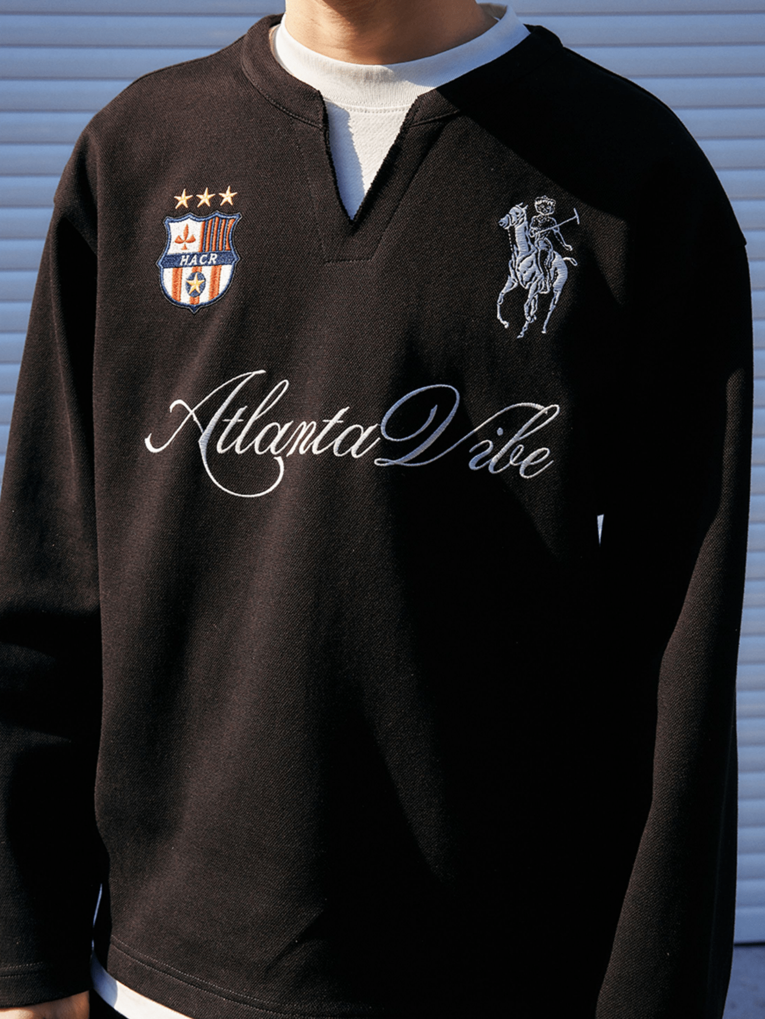 Layered Patchwork Crest Embroidered V - Neck Long Sleeve Tee - COPPING THREADS - Harsh and Cruel