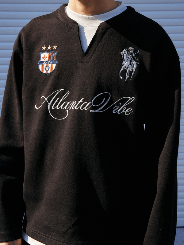 Layered Patchwork Crest Embroidered V - Neck Long Sleeve Tee - COPPING THREADS - Harsh and Cruel