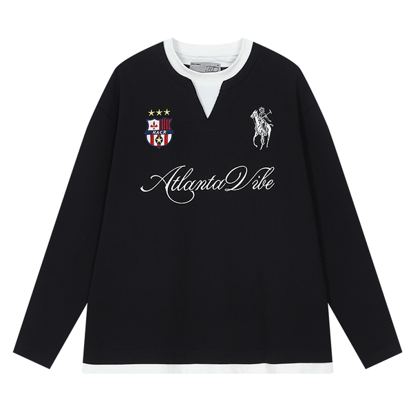 Layered Patchwork Crest Embroidered V - Neck Long Sleeve Tee - COPPING THREADS - Harsh and Cruel