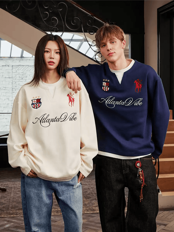 Layered Patchwork Crest Embroidered V - Neck Long Sleeve Tee - COPPING THREADS - Harsh and Cruel