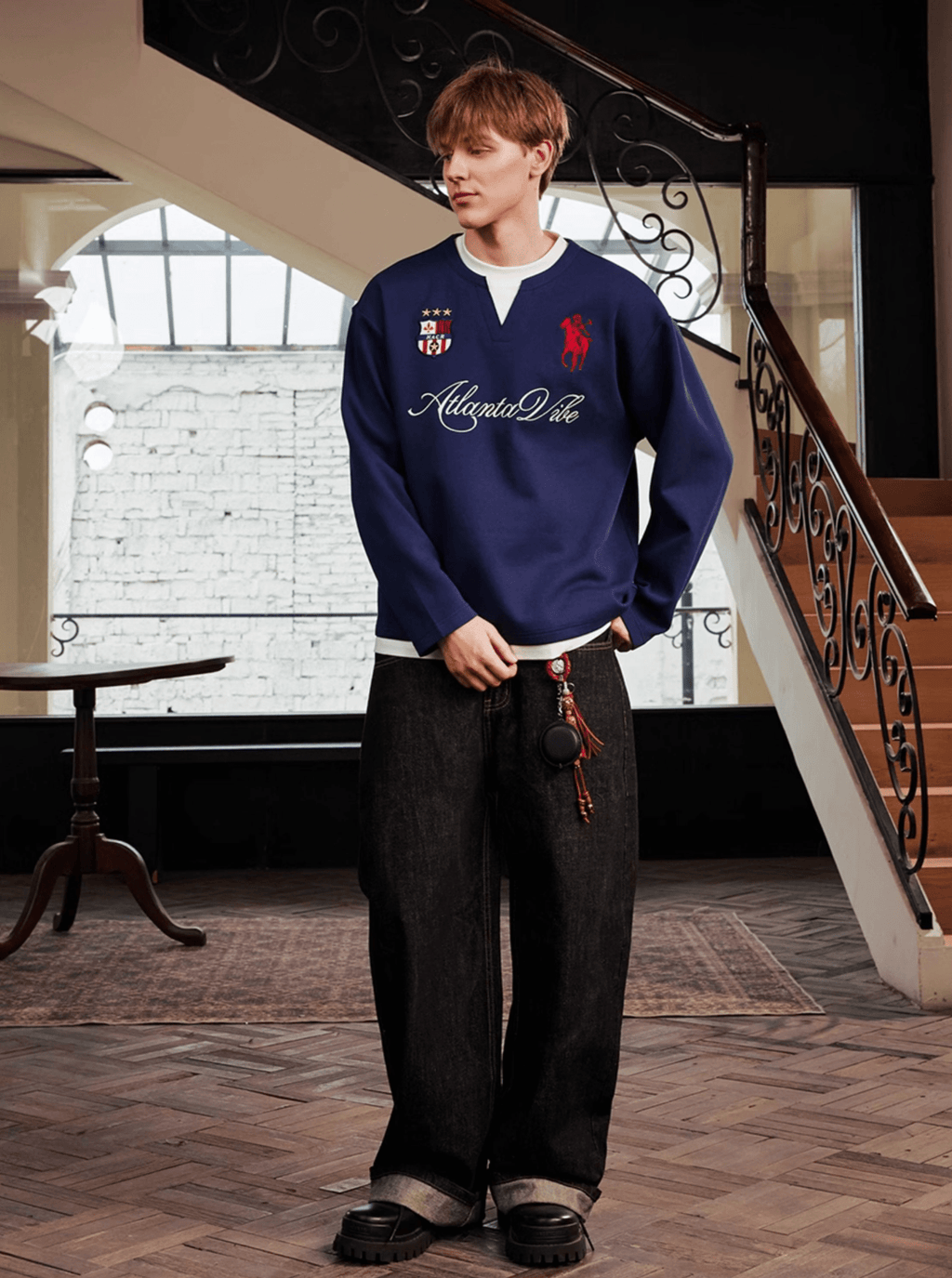 Layered Patchwork Crest Embroidered V - Neck Long Sleeve Tee - COPPING THREADS - Harsh and Cruel