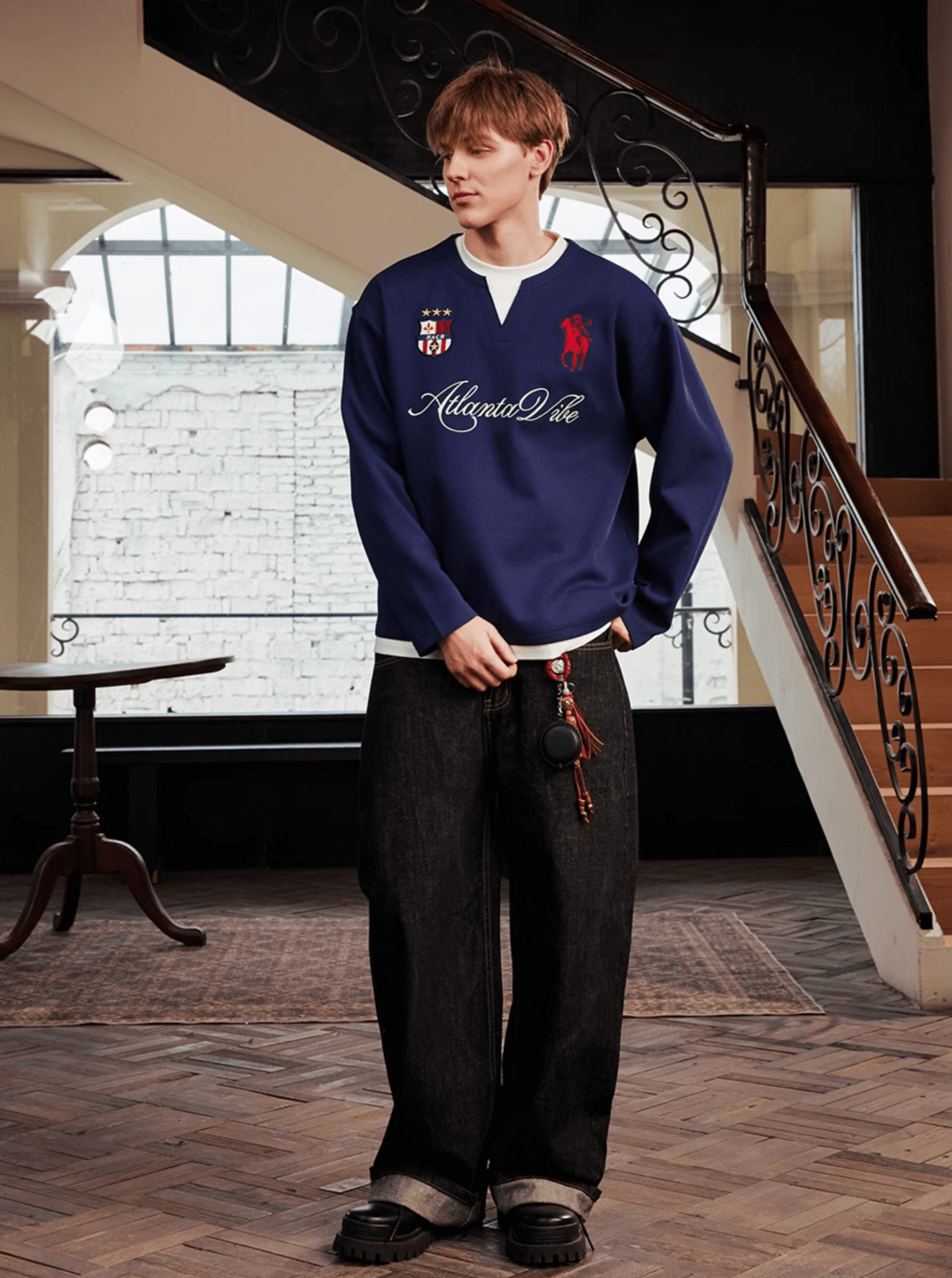 Layered Patchwork Crest Embroidered V - Neck Long Sleeve Tee - COPPING THREADS - Harsh and Cruel