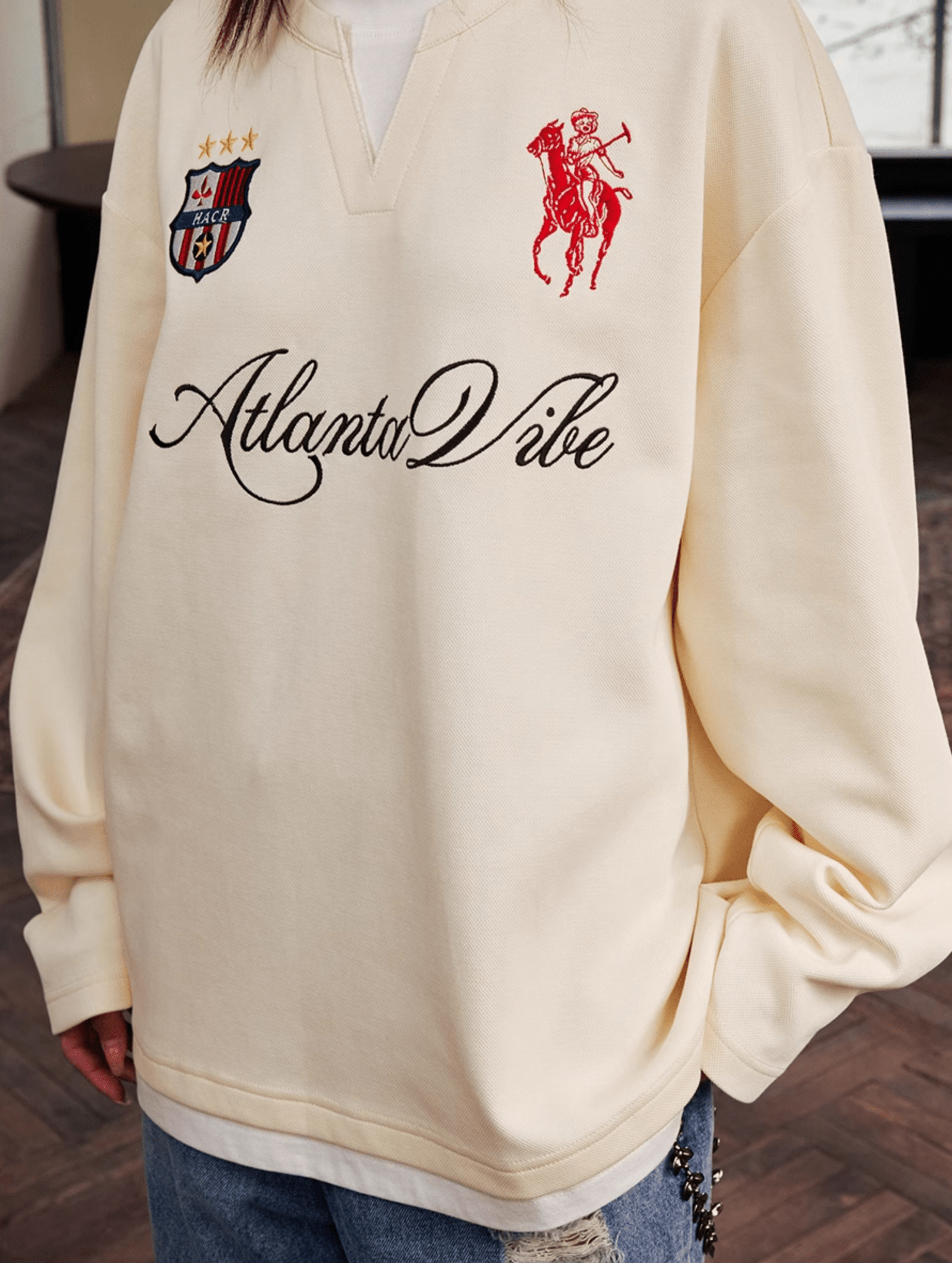 Layered Patchwork Crest Embroidered V - Neck Long Sleeve Tee - COPPING THREADS - Harsh and Cruel