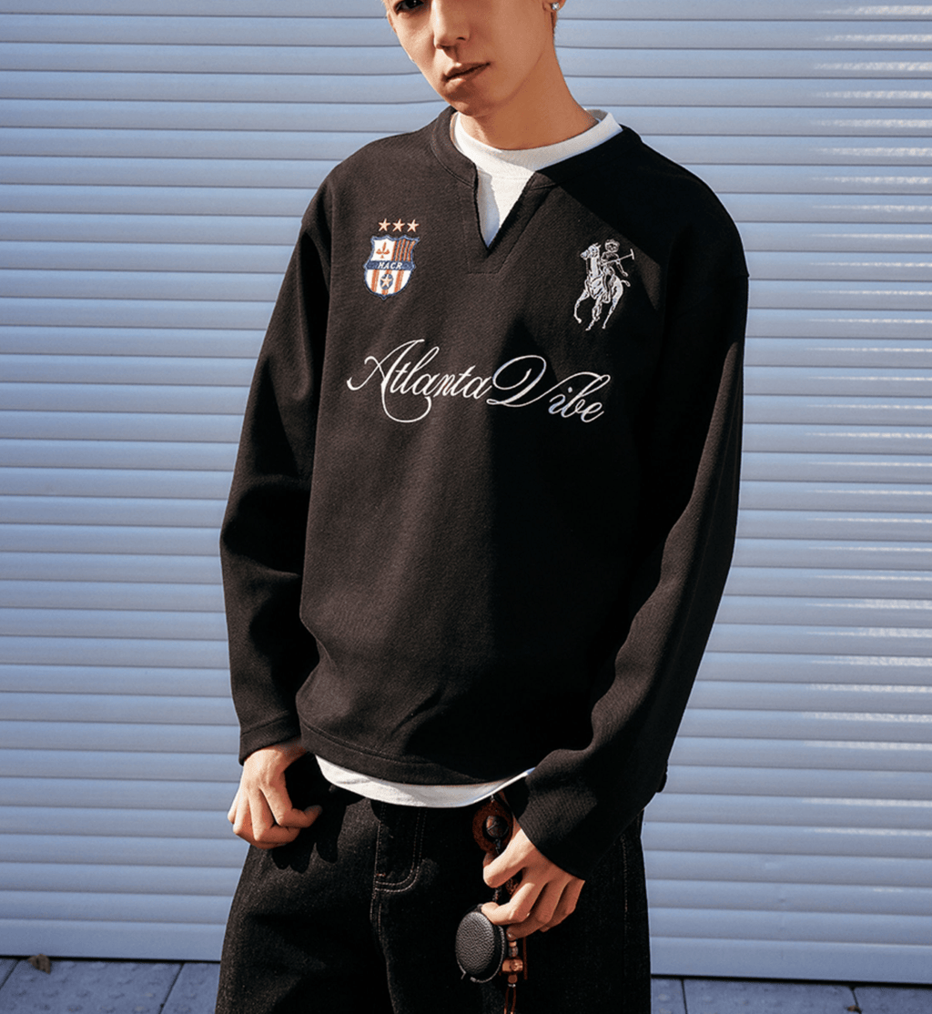 Layered Patchwork Crest Embroidered V - Neck Long Sleeve Tee - COPPING THREADS - Harsh and Cruel