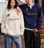 Layered Patchwork Crest Embroidered V - Neck Long Sleeve Tee - COPPING THREADS - Harsh and Cruel