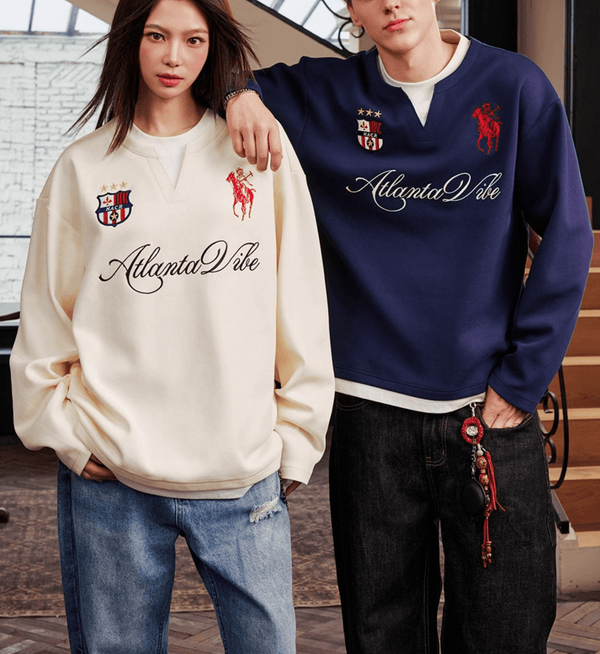 Layered Patchwork Crest Embroidered V - Neck Long Sleeve Tee - COPPING THREADS - Harsh and Cruel