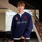 Layered Patchwork Crest Embroidered V - Neck Long Sleeve Tee - COPPING THREADS - Harsh and Cruel