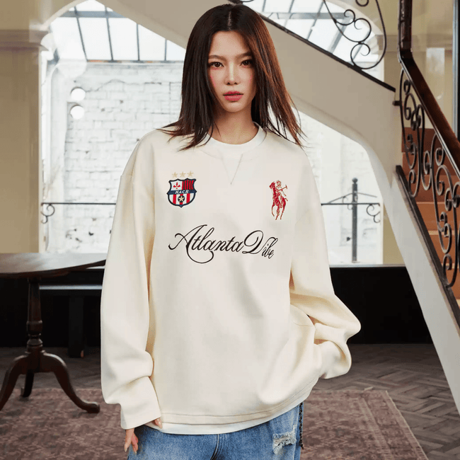 Layered Patchwork Crest Embroidered V-Neck Long Sleeve Tee Main Image