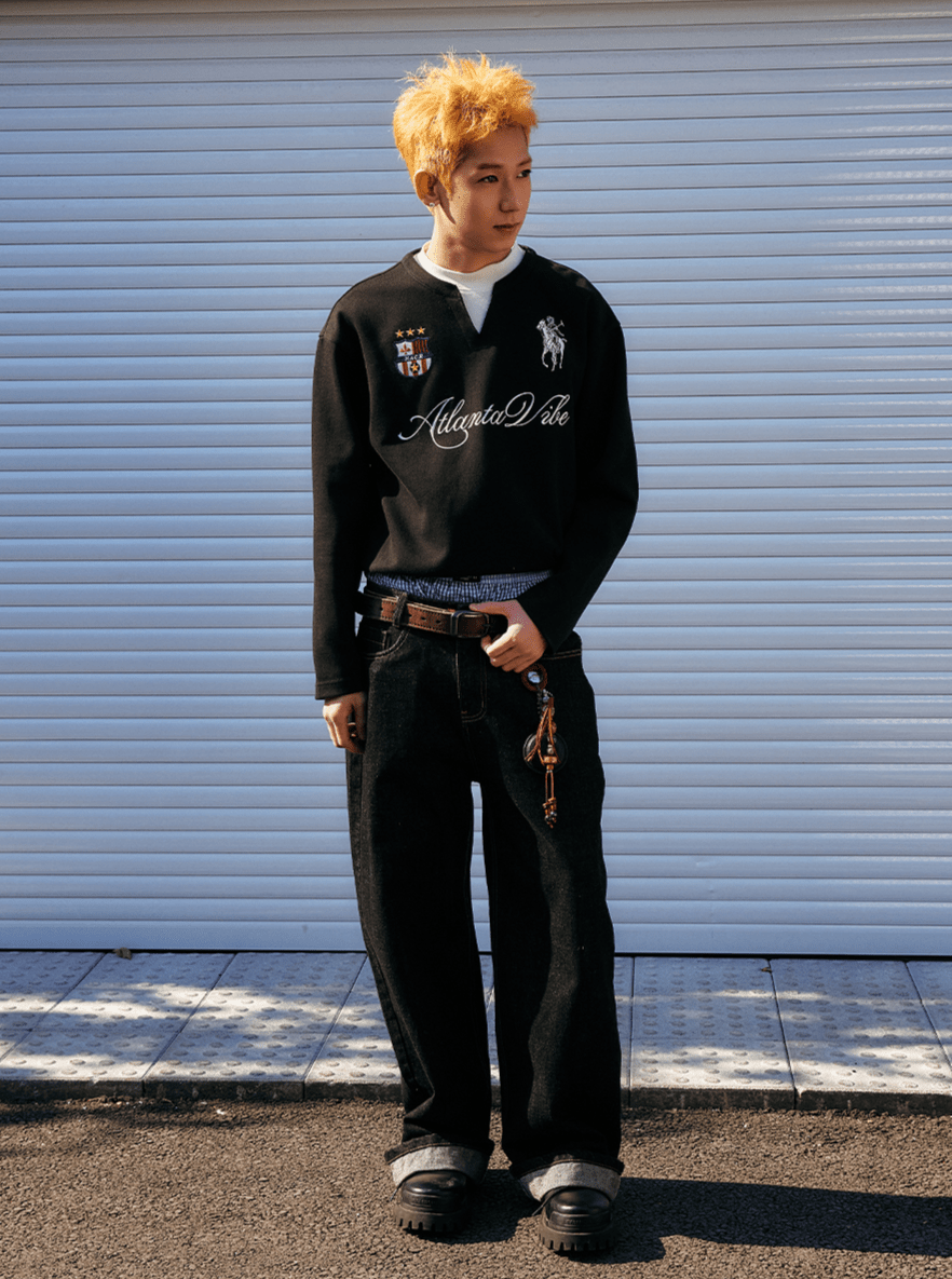 Layered Patchwork Crest Embroidered V - Neck Long Sleeve Tee - COPPING THREADS - Harsh and Cruel