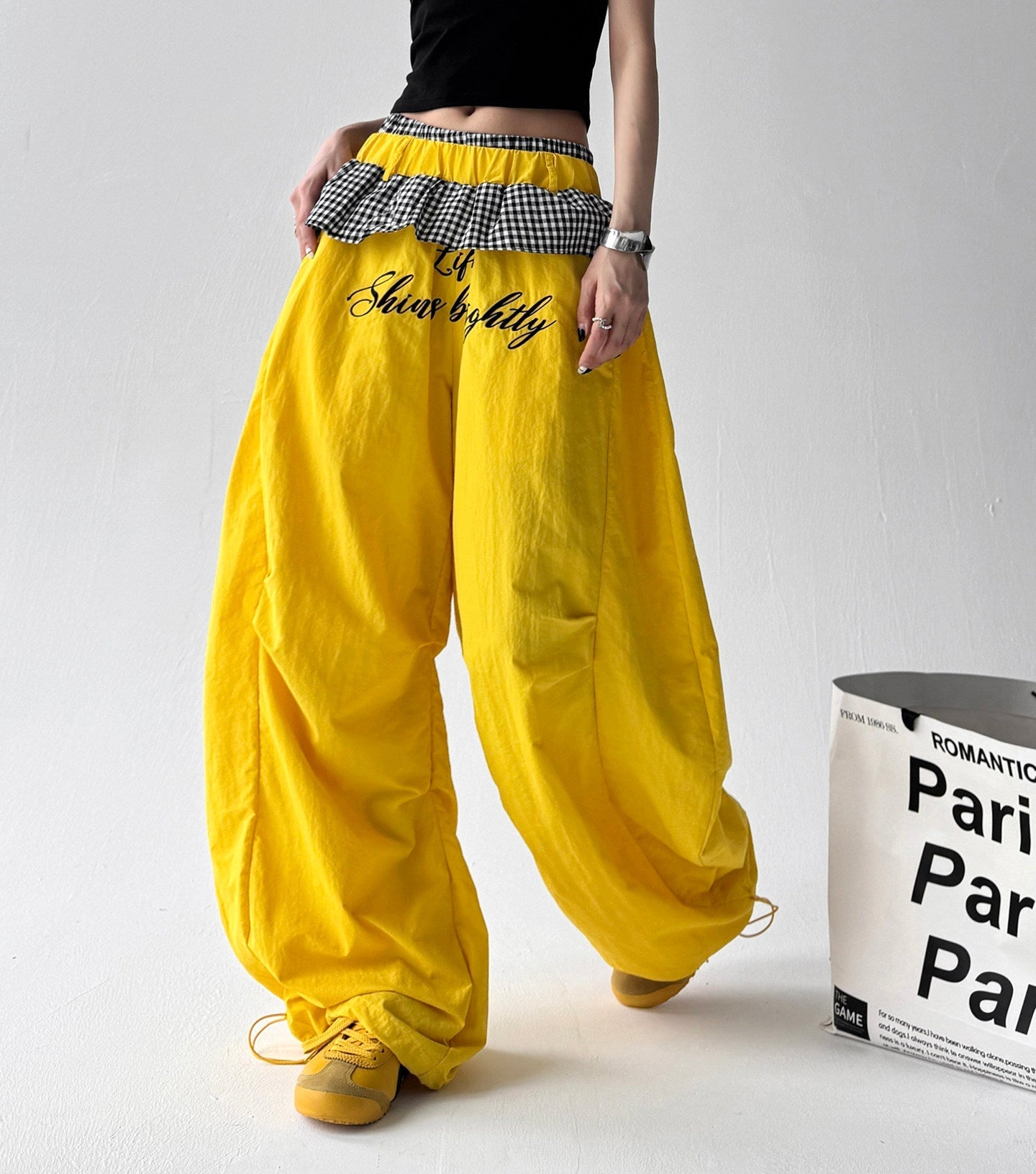 Layered Plaid-Waist Wide-Leg Pants - CT599 서브 이미지