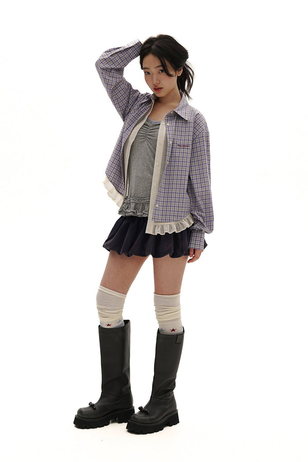 Layered Tencel Lace Hem Fitted Gingham Shirt - COPPING THREADS - MOROMORO