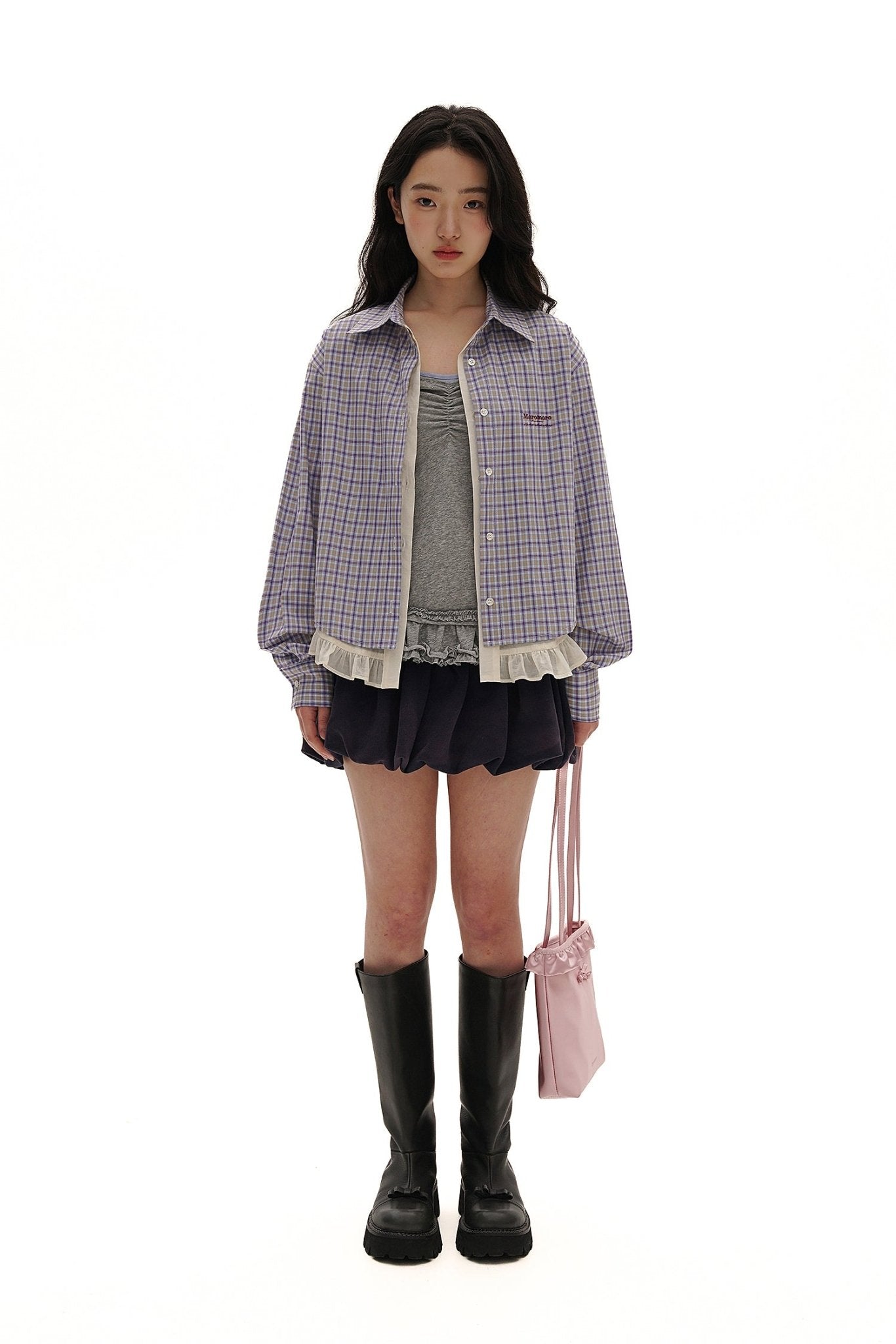 Layered Tencel Lace Hem Fitted Gingham Shirt - COPPING THREADS - MOROMORO