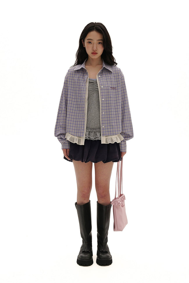 Layered Tencel Lace Hem Fitted Gingham Shirt Main Image