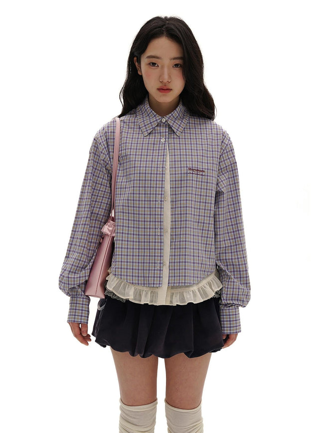 Layered Tencel Lace Hem Fitted Gingham Shirt - COPPING THREADS - MOROMORO Hover Image
