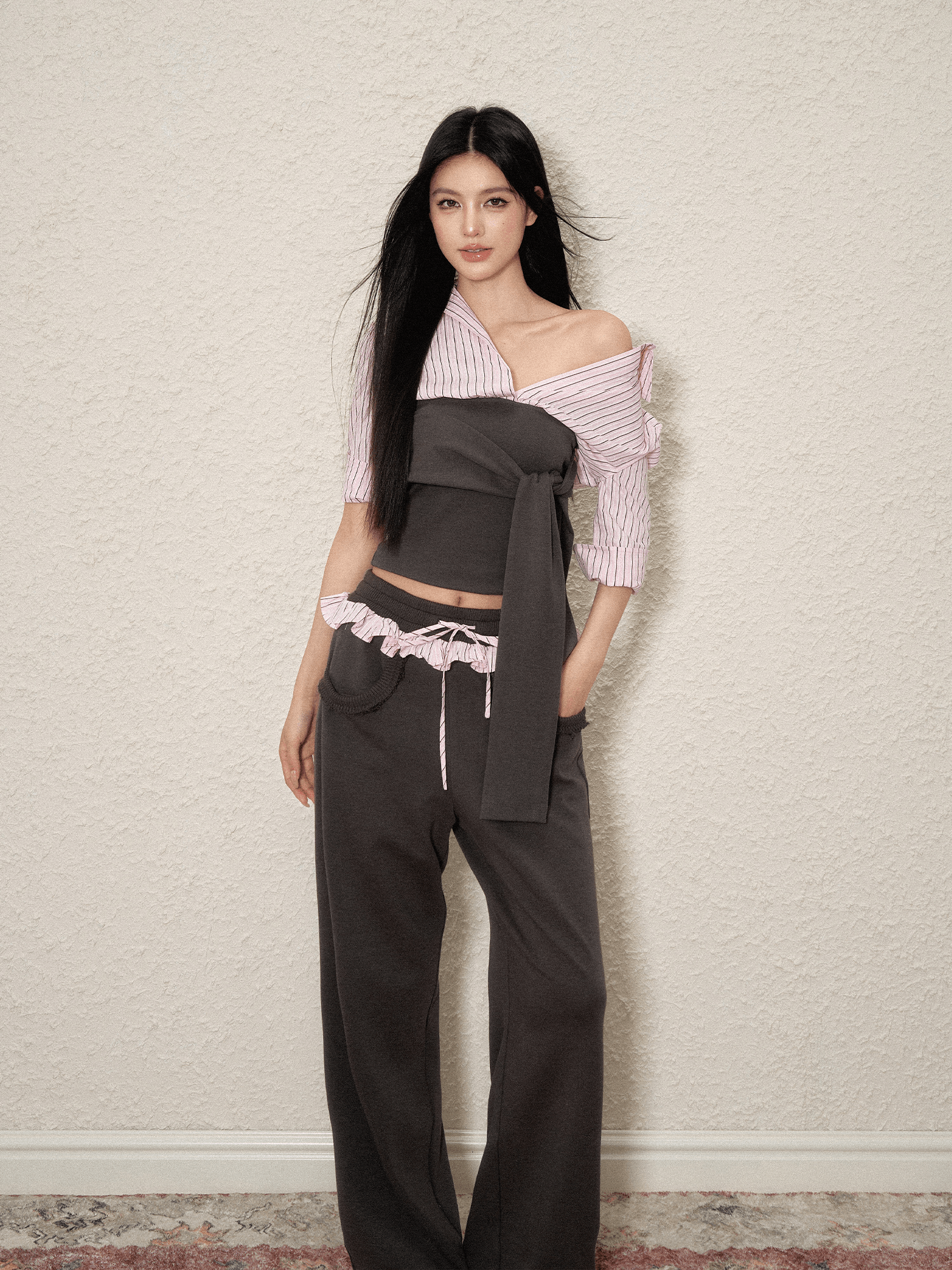 Layered Tie - Front Top & Ruffle Waist Joggers Set - COPPING THREADS - AGAM Main image