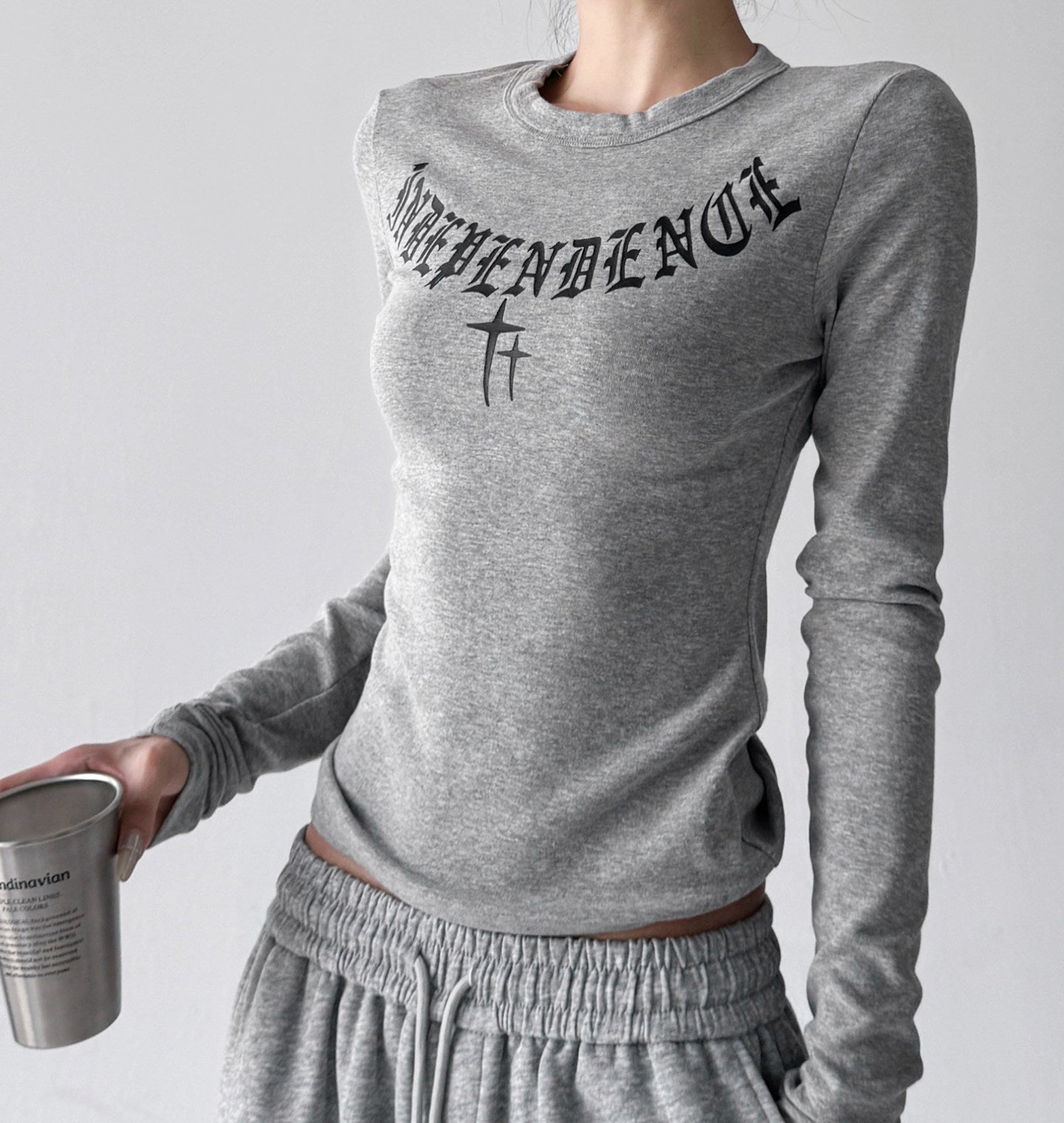 Letter-Graphic Fitted Long-Sleeve Top - CT5159 Secondary image