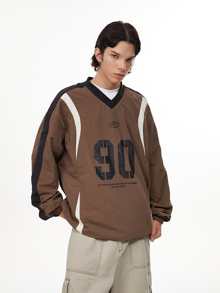 Letter Print Colorblock V - Neck Drawstring Sweatshirt - COPPING THREADS - CHICISLAND