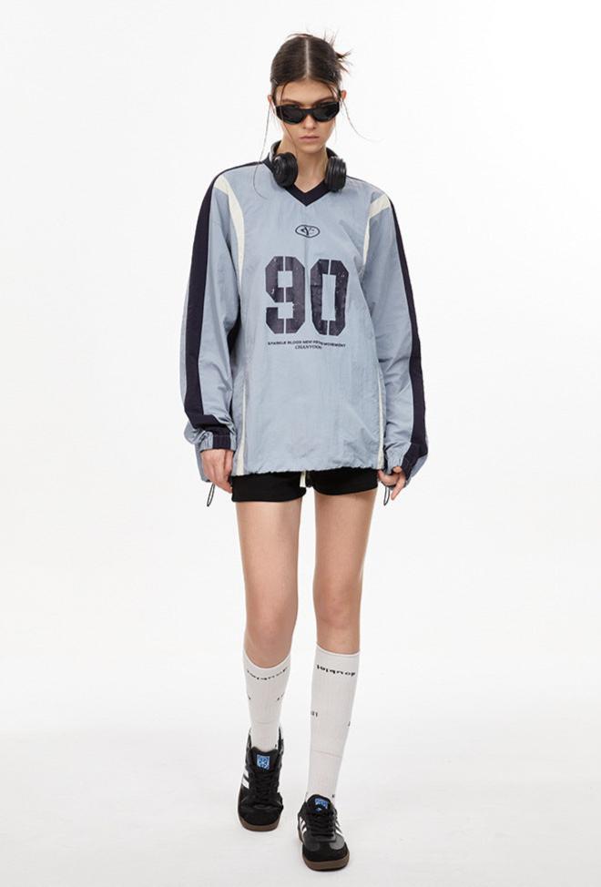Letter Print Colorblock V - Neck Drawstring Sweatshirt - COPPING THREADS - CHICISLAND