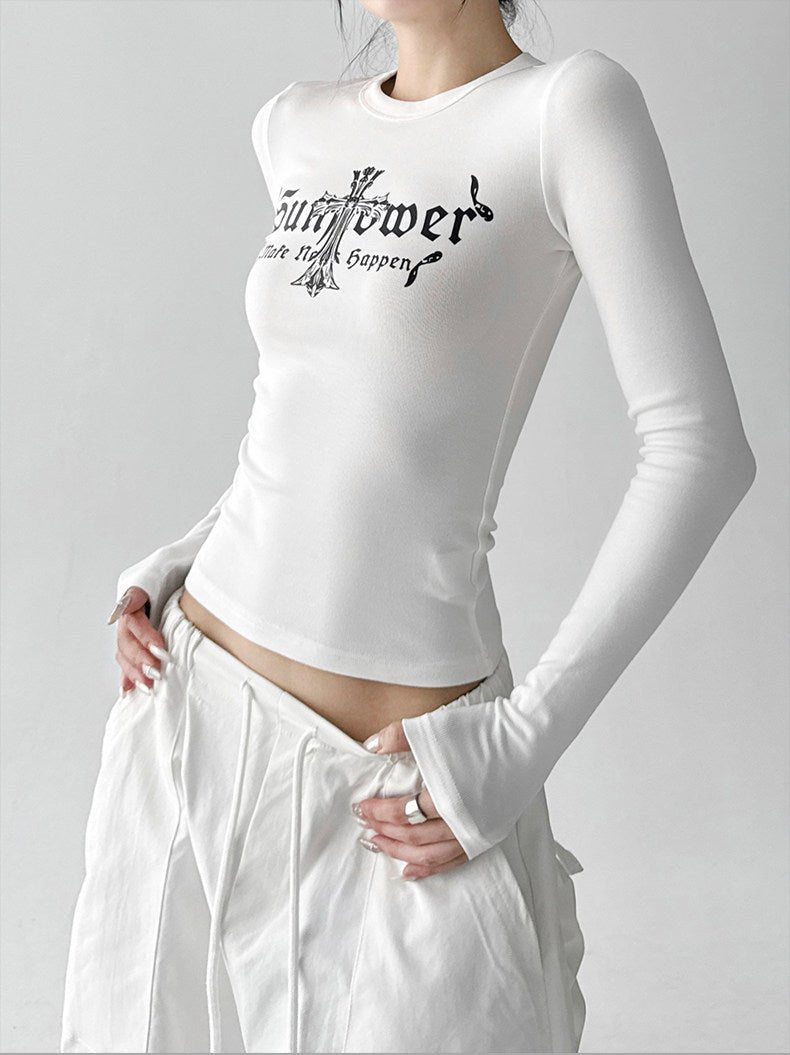 Letter Print Fitted Long-Sleeve Top - CT5158 - COPPING THREADS - CT ORIGINALS