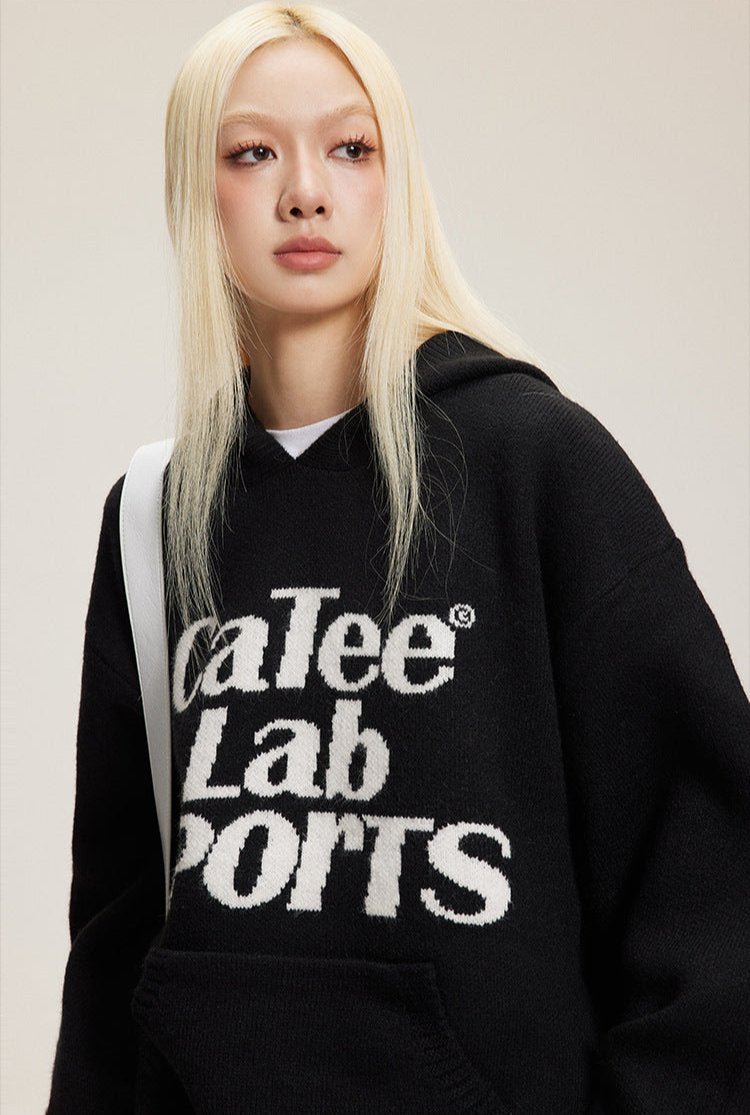 Letter Print Hooded Knit Sweater - COPPING THREADS - CATTEE
