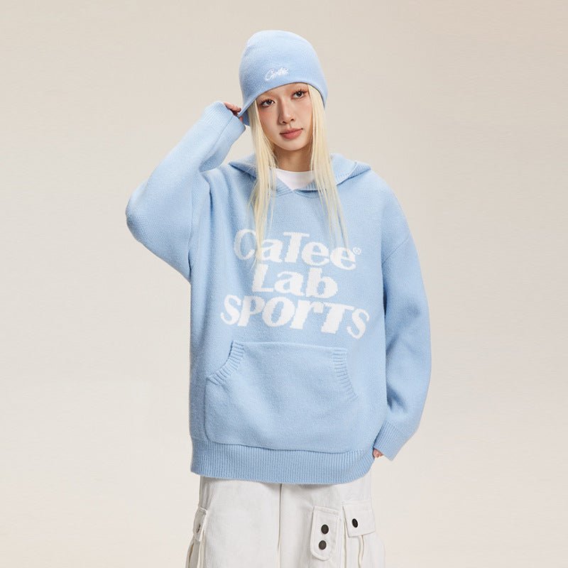Letter Print Hooded Knit Sweater - COPPING THREADS - CATTEE