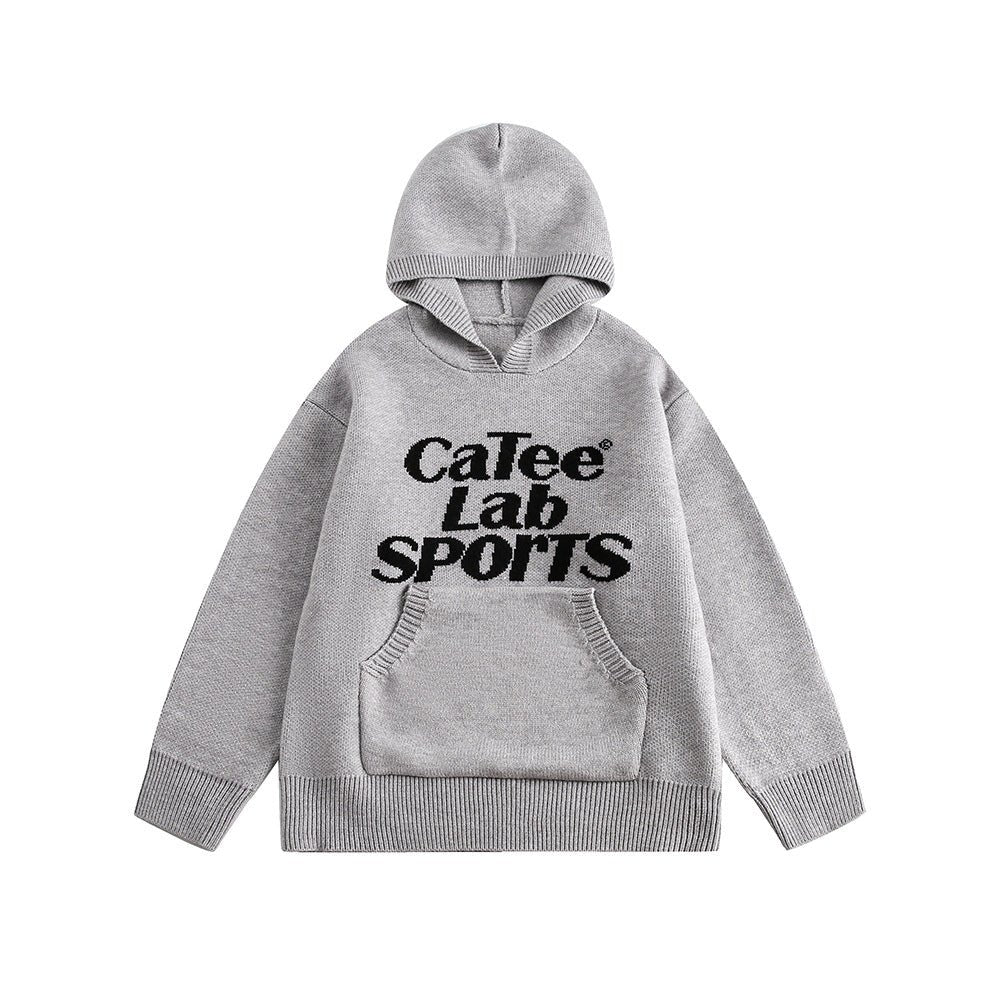 Letter Print Hooded Knit Sweater - COPPING THREADS - CATTEE