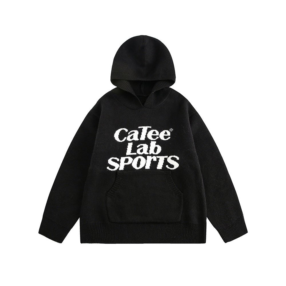 Letter Print Hooded Knit Sweater - COPPING THREADS - CATTEE