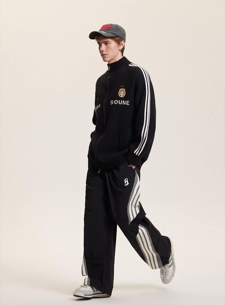 Letter Print Striped Sleeve Cardigan Sweater - COPPING THREADS - CATTEE