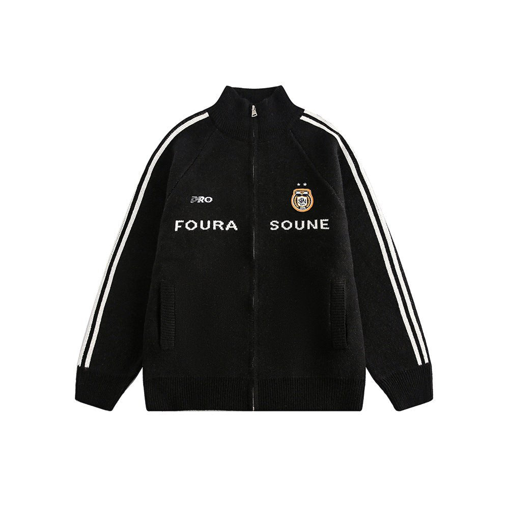 Letter Print Striped Sleeve Cardigan Sweater - COPPING THREADS - CATTEE