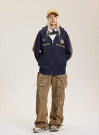 Letter Print Striped Sleeve Cardigan Sweater - COPPING THREADS - CATTEE