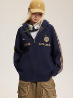 Letter Print Striped Sleeve Cardigan Sweater - COPPING THREADS - CATTEE