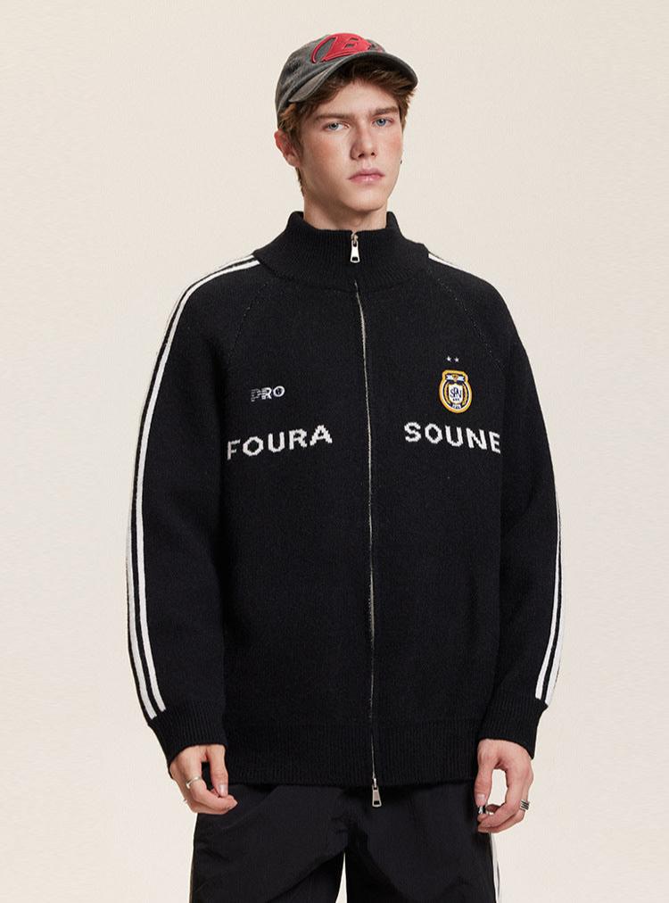 Letter Print Striped Sleeve Cardigan Sweater - COPPING THREADS - CATTEE