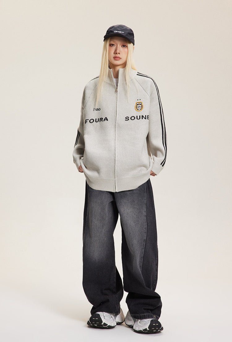 Letter Print Striped Sleeve Cardigan Sweater - COPPING THREADS - CATTEE