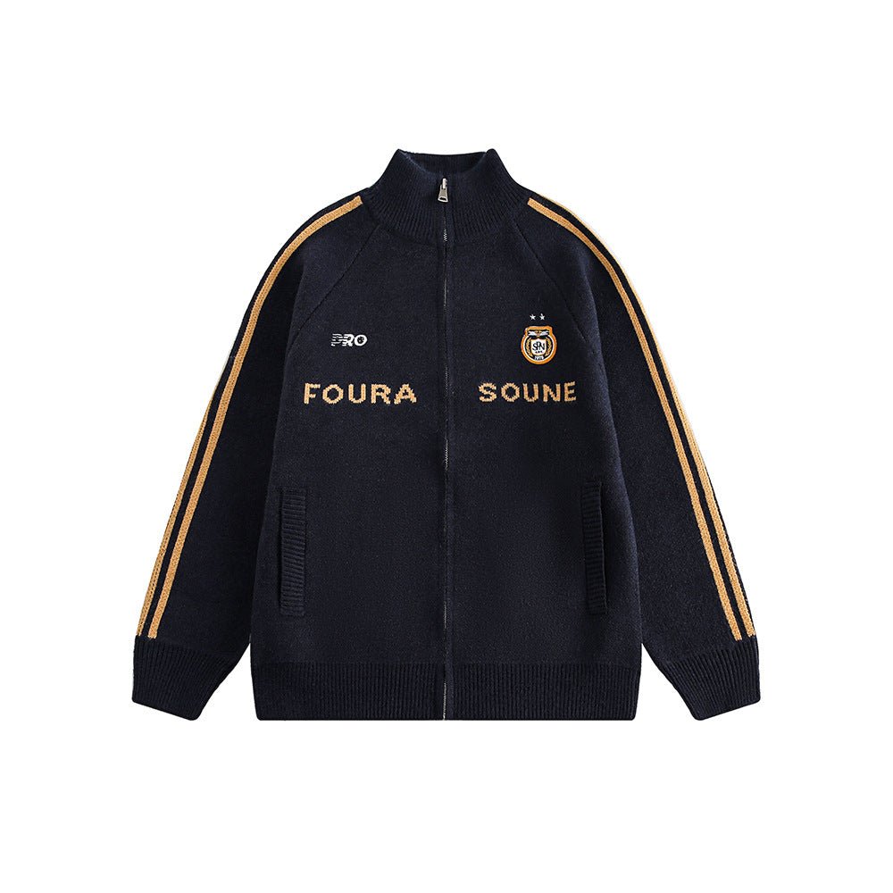 Letter Print Striped Sleeve Cardigan Sweater - COPPING THREADS - CATTEE