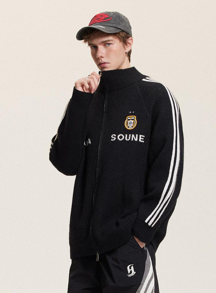 Letter Print Striped Sleeve Cardigan Sweater - COPPING THREADS - CATTEE