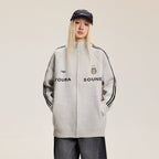 Letter Print Striped Sleeve Cardigan Sweater - COPPING THREADS - CATTEE