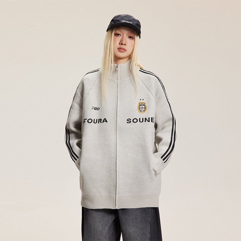 Letter Print Striped Sleeve Cardigan Sweater - COPPING THREADS - CATTEE