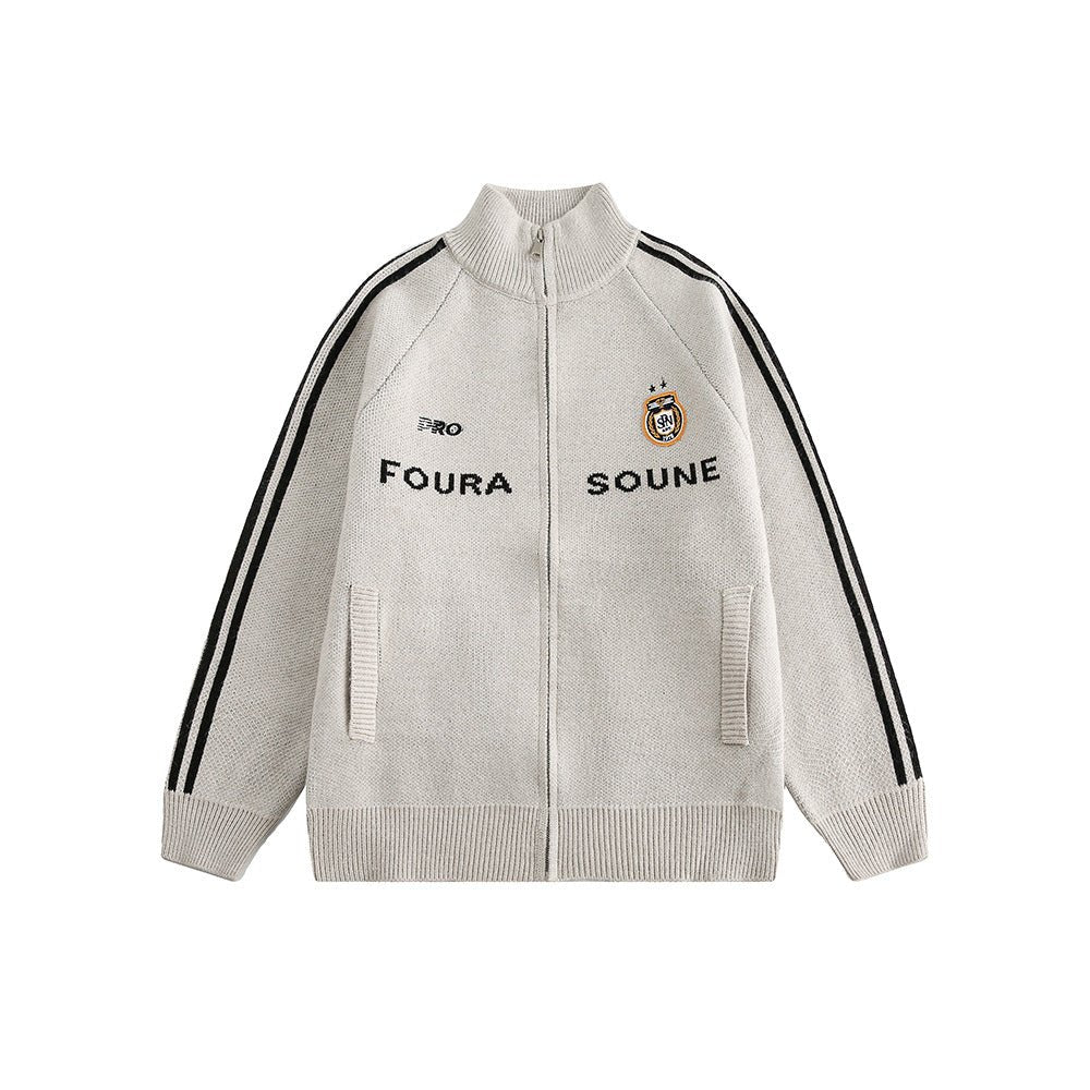 Letter Print Striped Sleeve Cardigan Sweater - COPPING THREADS - CATTEE