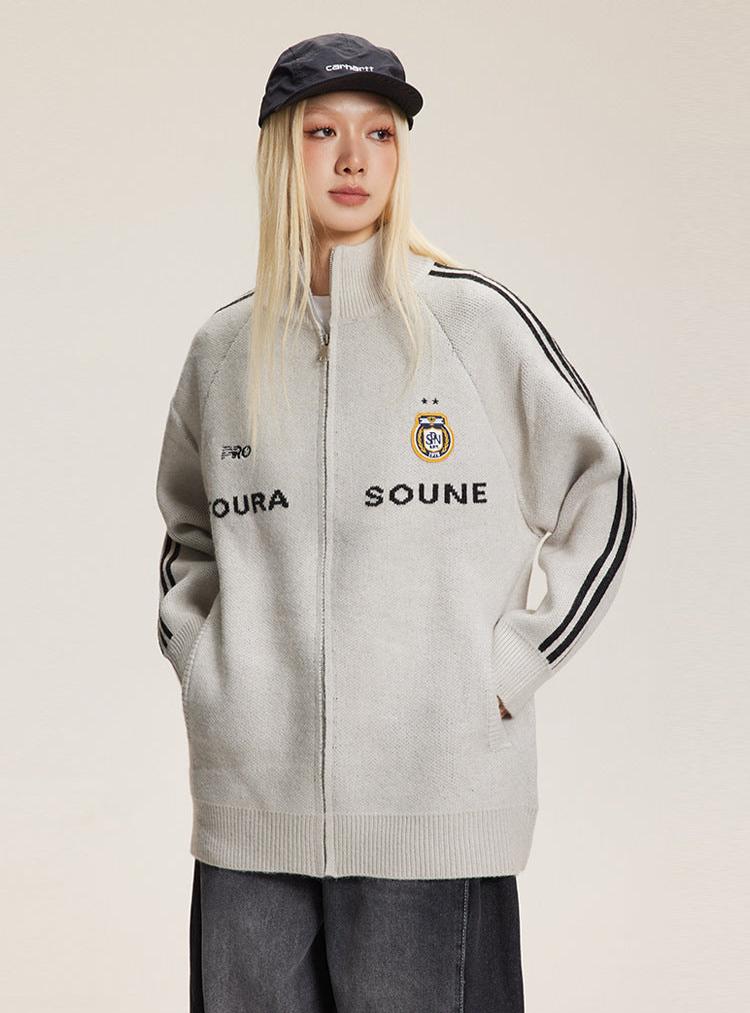 Letter Print Striped Sleeve Cardigan Sweater - COPPING THREADS - CATTEE