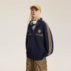 Letter Print Striped Sleeve Cardigan Sweater - COPPING THREADS - CATTEE