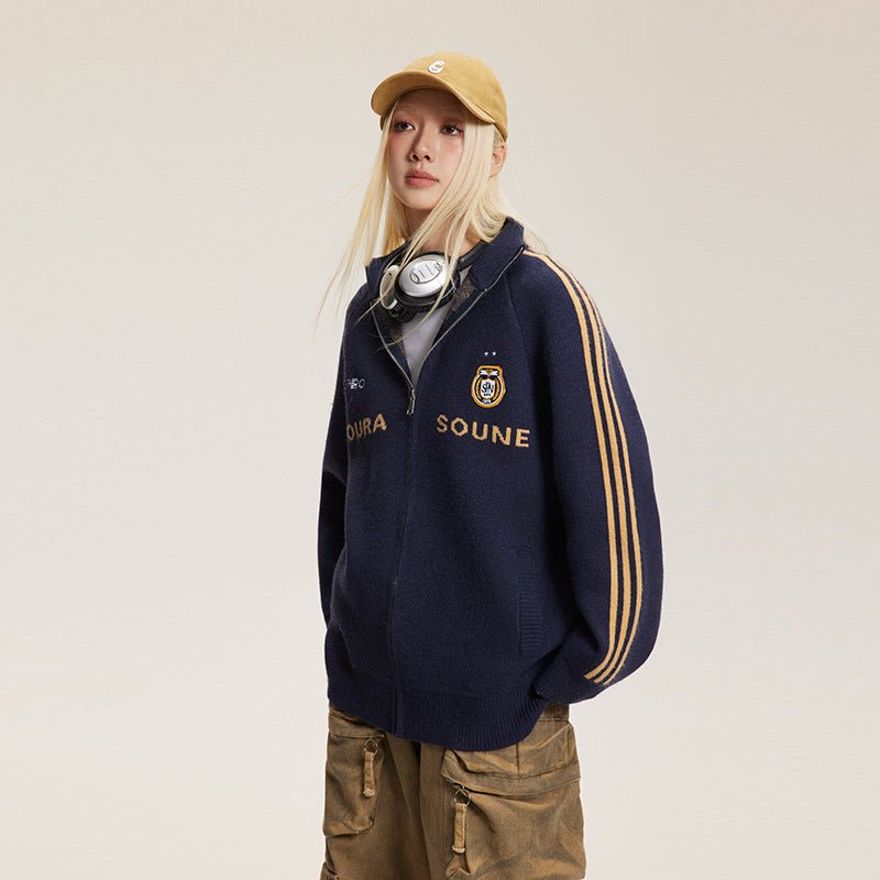 Letter Print Striped Sleeve Cardigan Sweater - COPPING THREADS - CATTEE