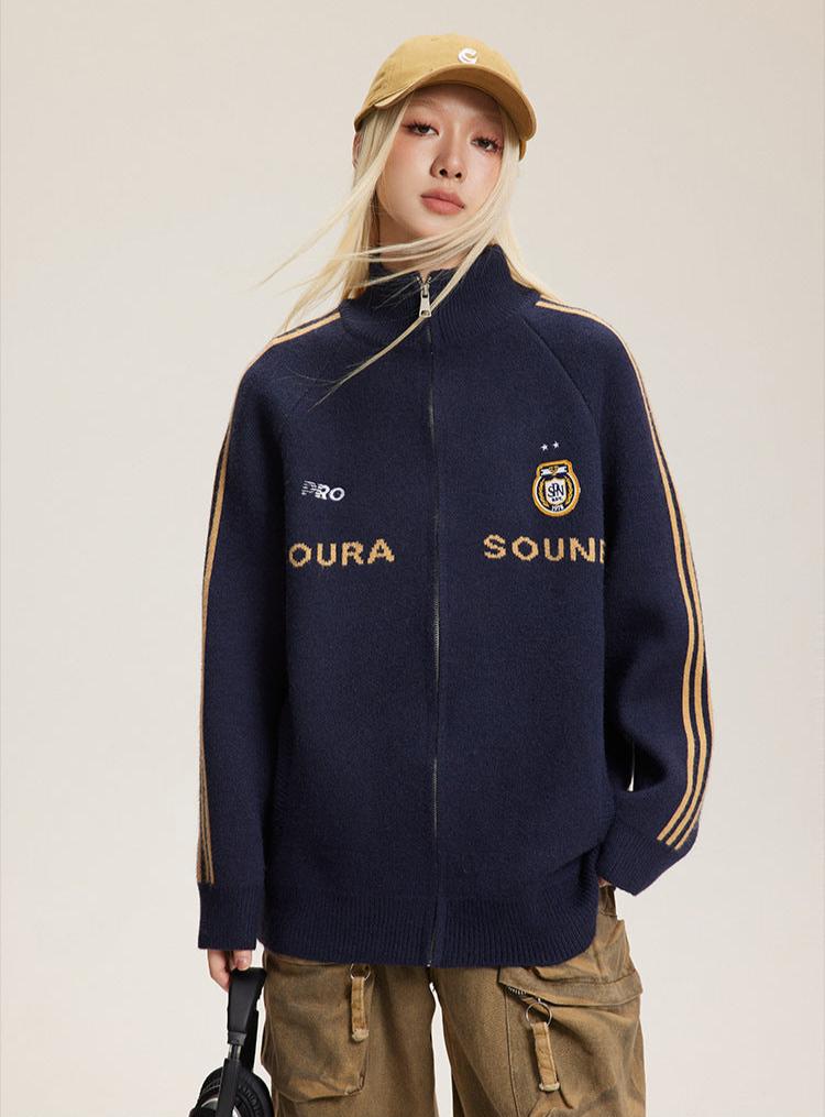 Letter Print Striped Sleeve Cardigan Sweater - COPPING THREADS - CATTEE