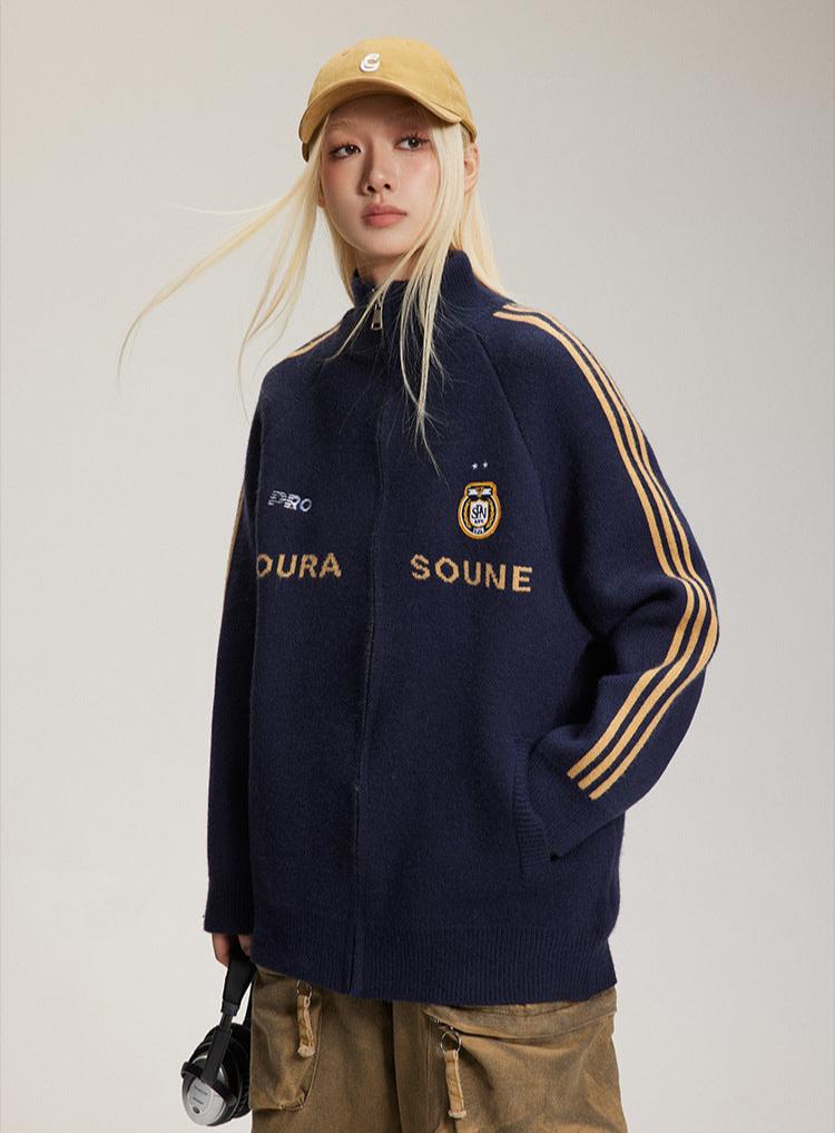 Letter Print Striped Sleeve Cardigan Sweater - COPPING THREADS - CATTEE