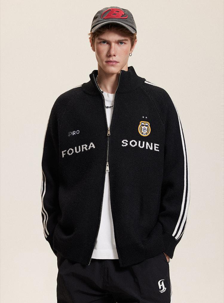 Letter Print Striped Sleeve Cardigan Sweater - COPPING THREADS - CATTEE