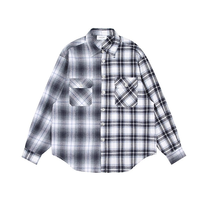 LOSTCTRL Embroidered Logo Plaid Patchwork Long Sleeve Shirt - COPPING THREADS - LOSTCTRL