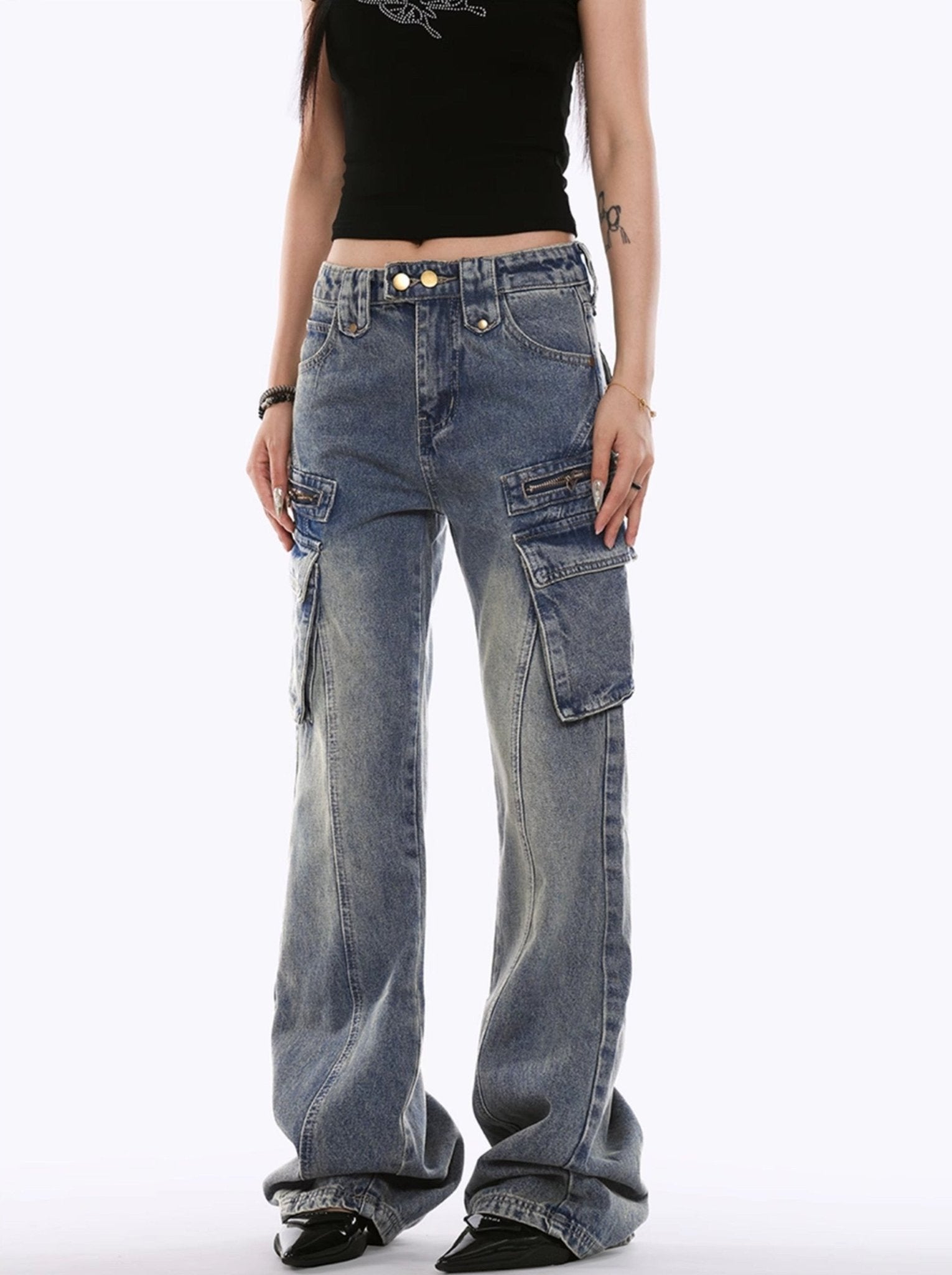 Low - Rise Side Pocket Flared Cargo Denim - COPPING THREADS - CHICISLAND