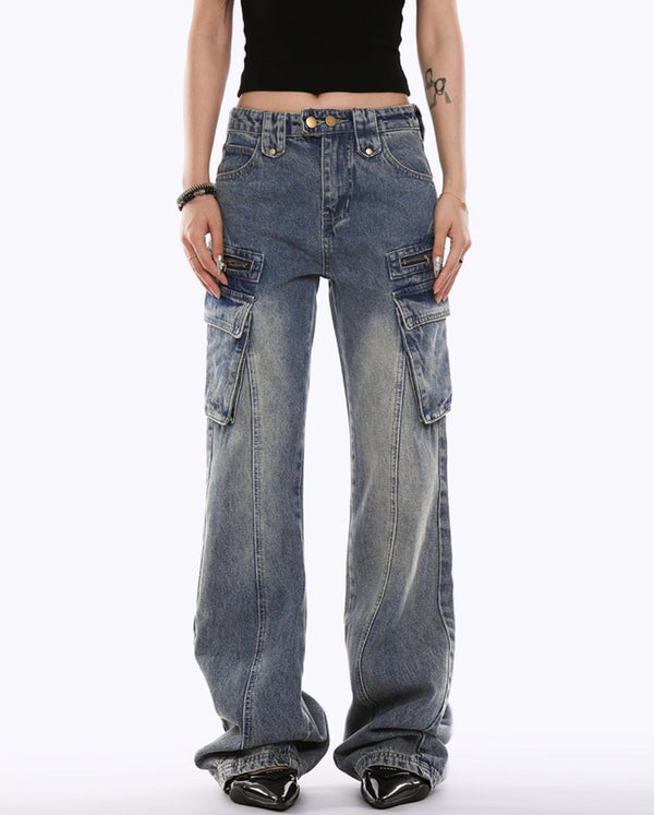 Low - Rise Side Pocket Flared Cargo Denim - COPPING THREADS - CHICISLAND