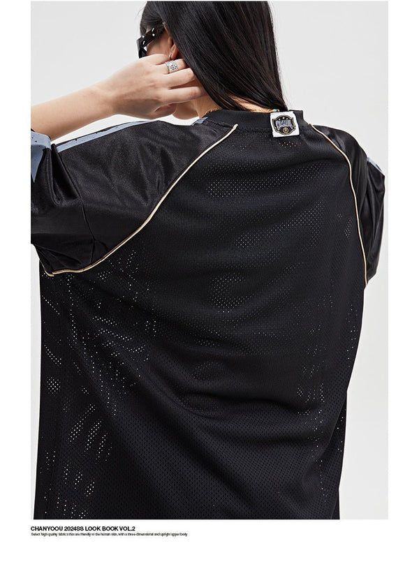 Mesh Breathable Letter Print Blockette Style Jersey Tee - COPPING THREADS - CHICISLAND