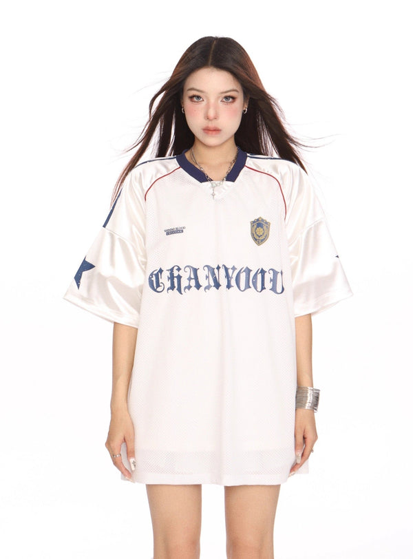Mesh Breathable Letter Print Blockette Style Jersey Tee - COPPING THREADS - CHICISLAND