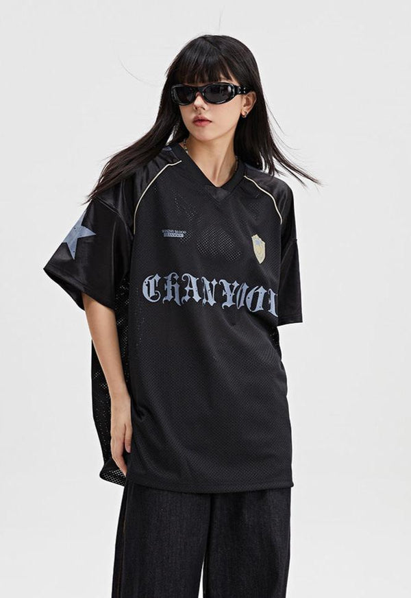 Mesh Breathable Letter Print Blockette Style Jersey Tee - COPPING THREADS - CHICISLAND